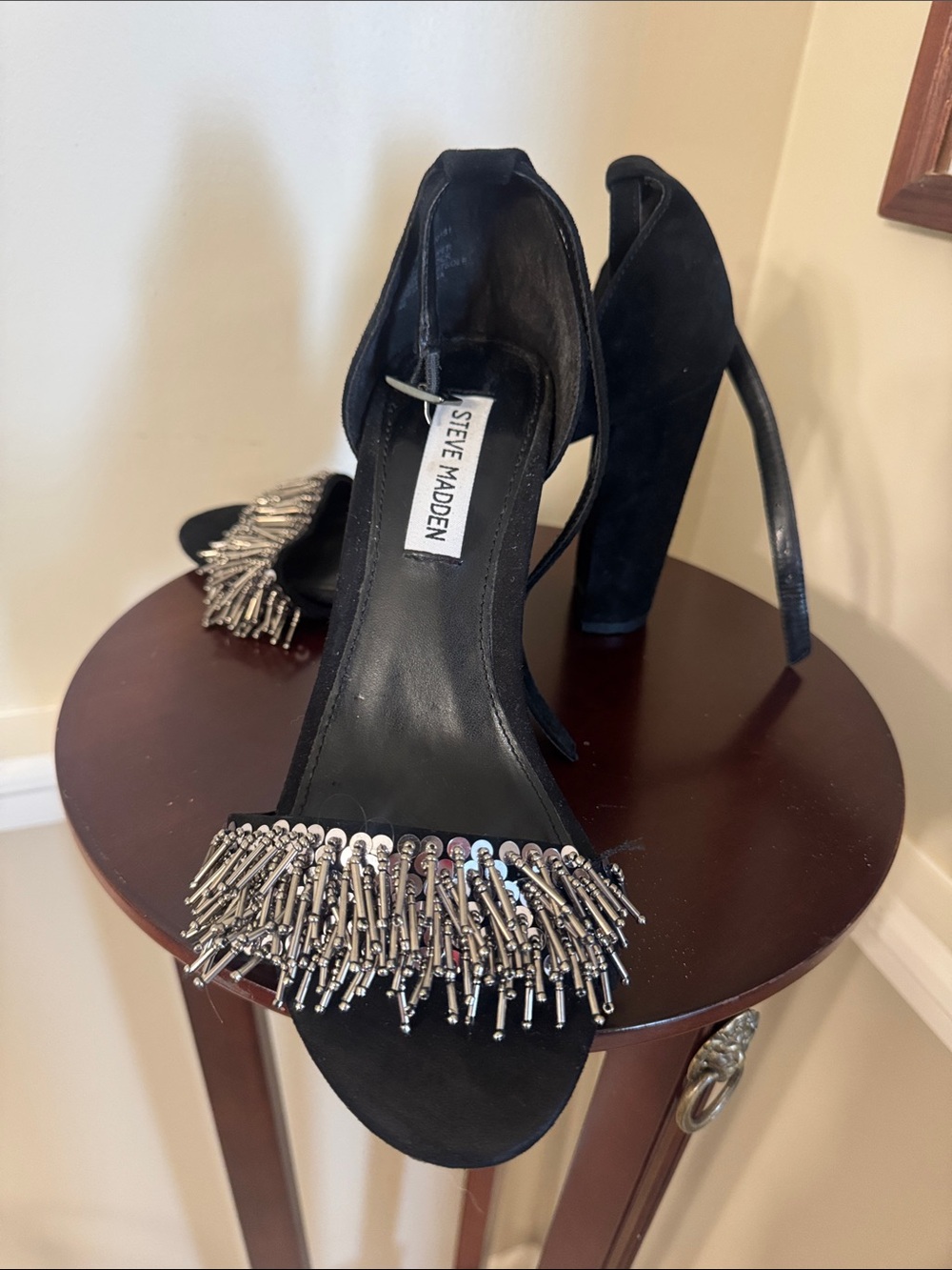 Steve Madden Black Suede Ankle-Strap Heels with Metallic Tassel Beading